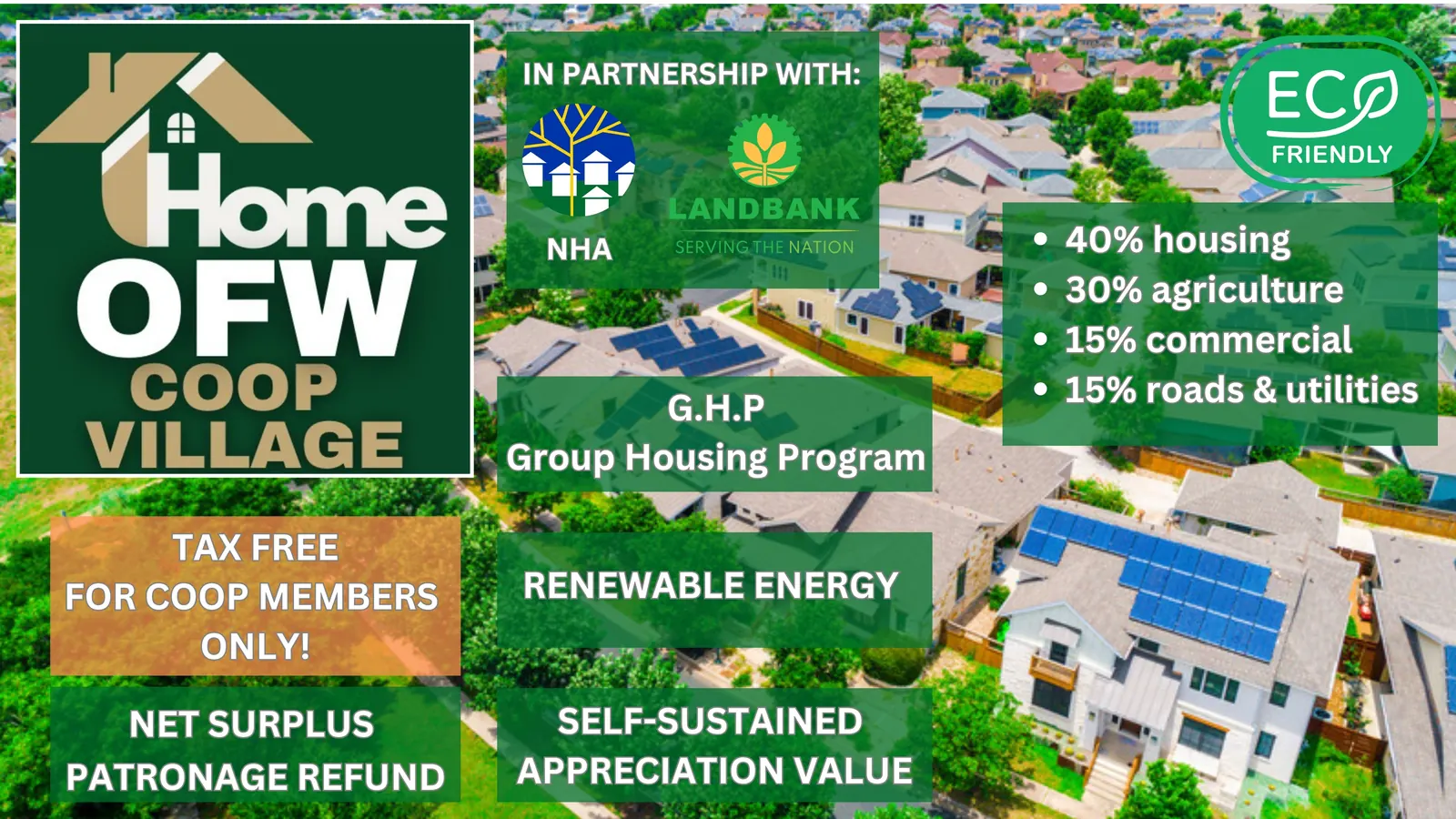1-Home OFW Coop Village: in partnership with NHA and Landbank, Group Housing Program, renewable energy, tax-free for coop members, net surplus patronage refund, self-sustained appreciation value.
